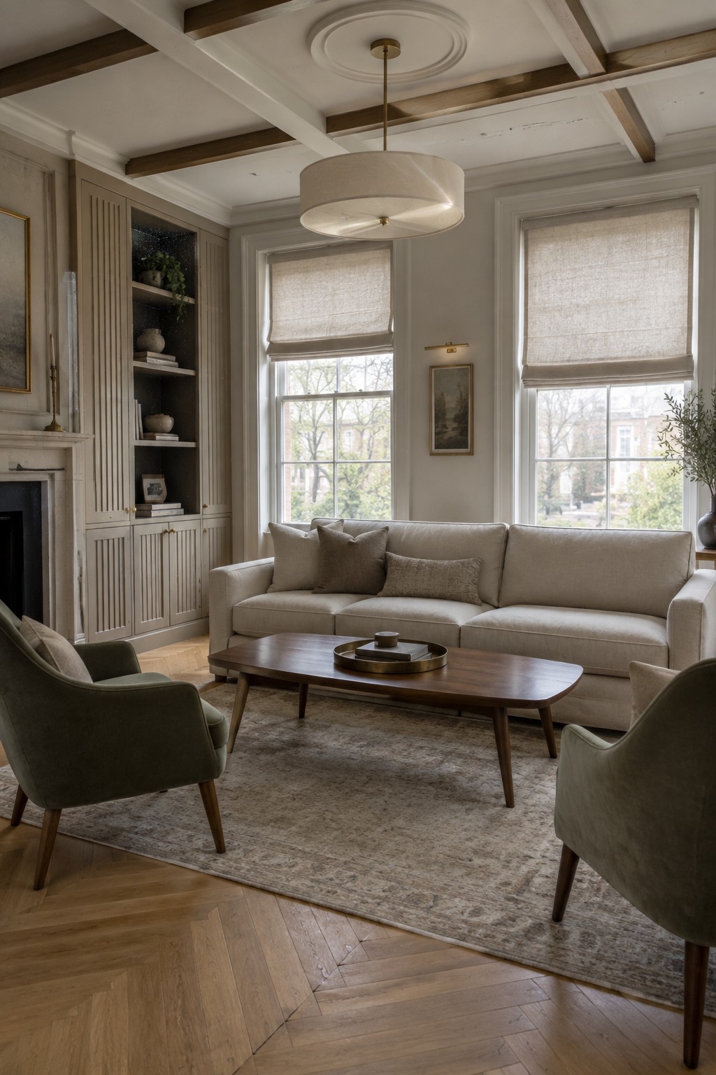 Elegant living room with beige sofa, green velvet armchairs, wooden coffee table, and rug.