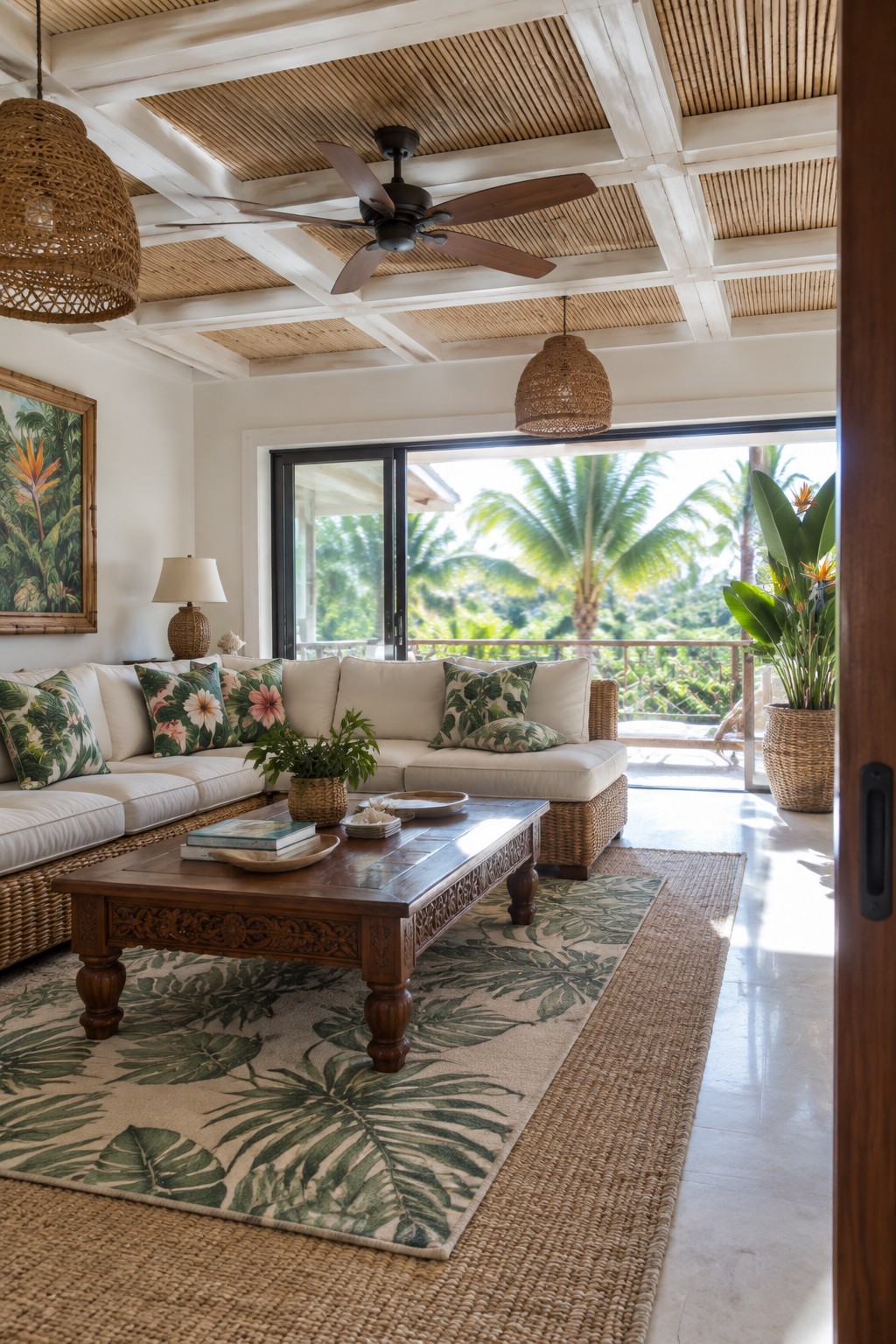 A living room with a white coffered ceiling featuring woven bamboo panels, white sofas with patterned pillows, a carved wood coffee table on a leaf rug, and large glass doors opening to a tropical outdoor view.