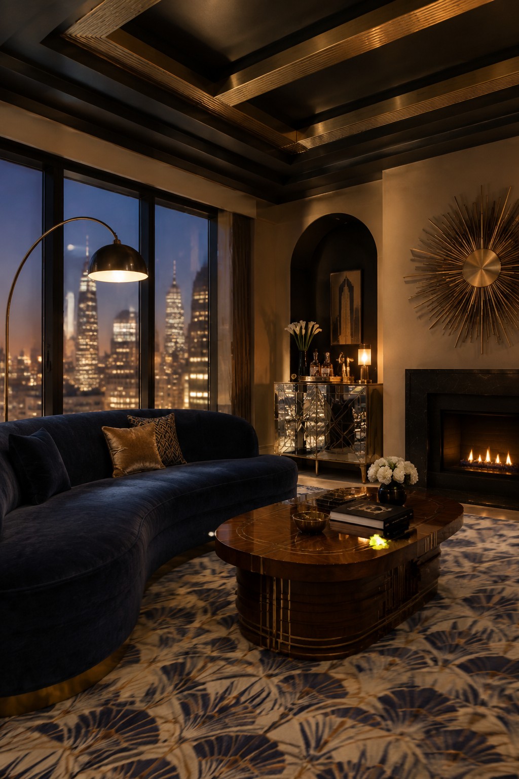 Luxurious dark living room with curved navy sofa, wooden table, fireplace, and glowing city skyline.
