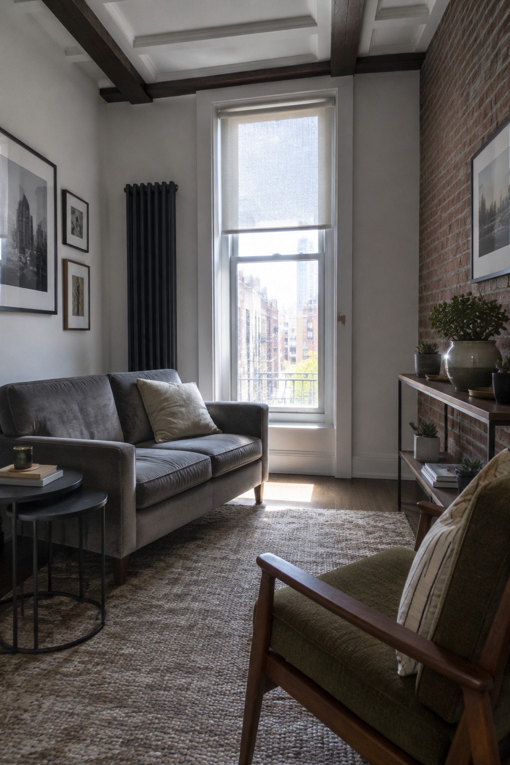 Cozy living room with gray sofa, green armchair, sunlit window, and brick wall
