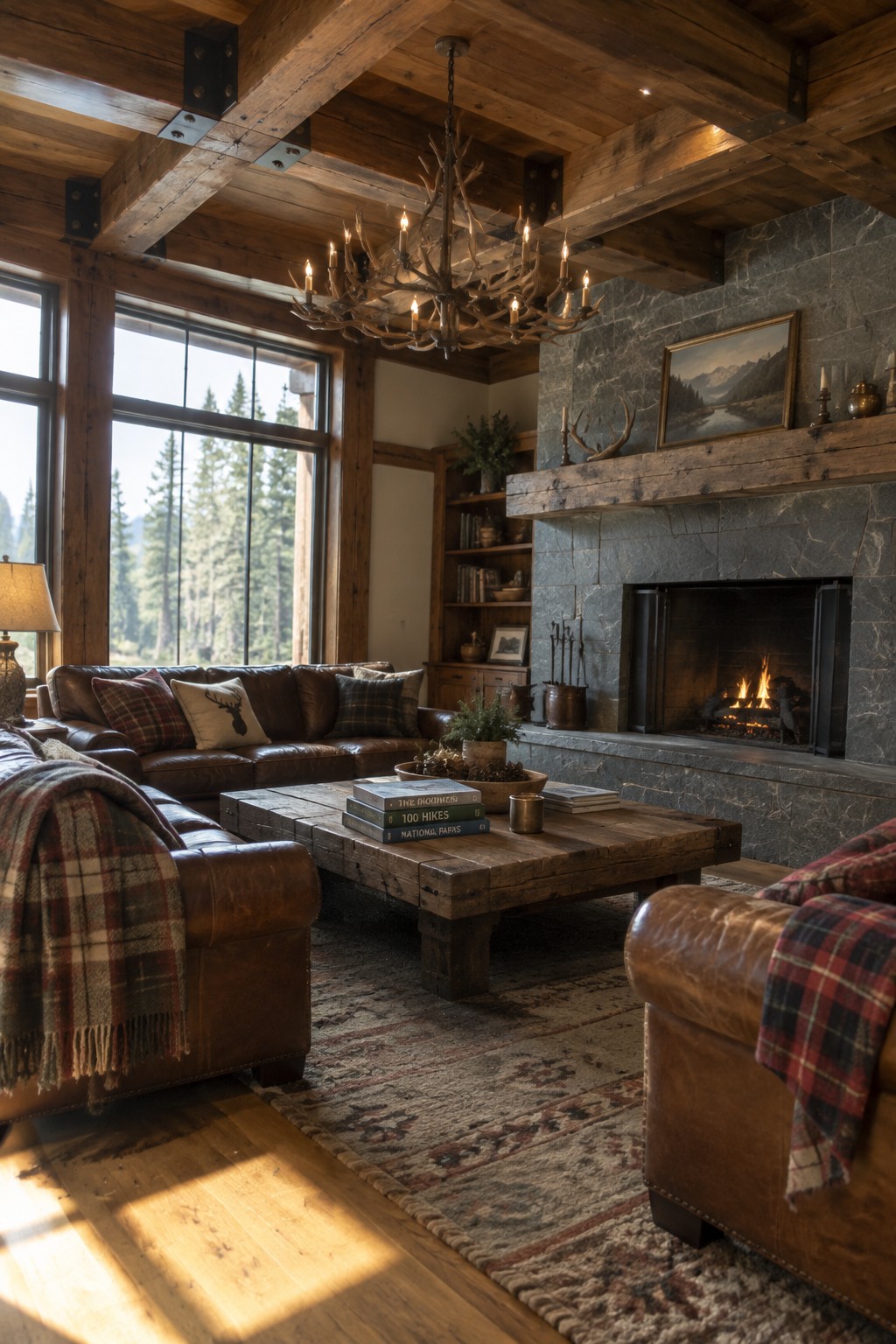 A rustic living room interior showing a high ceiling with large exposed wooden beams and metal brackets, a stone fireplace, brown leather seating, and large windows.