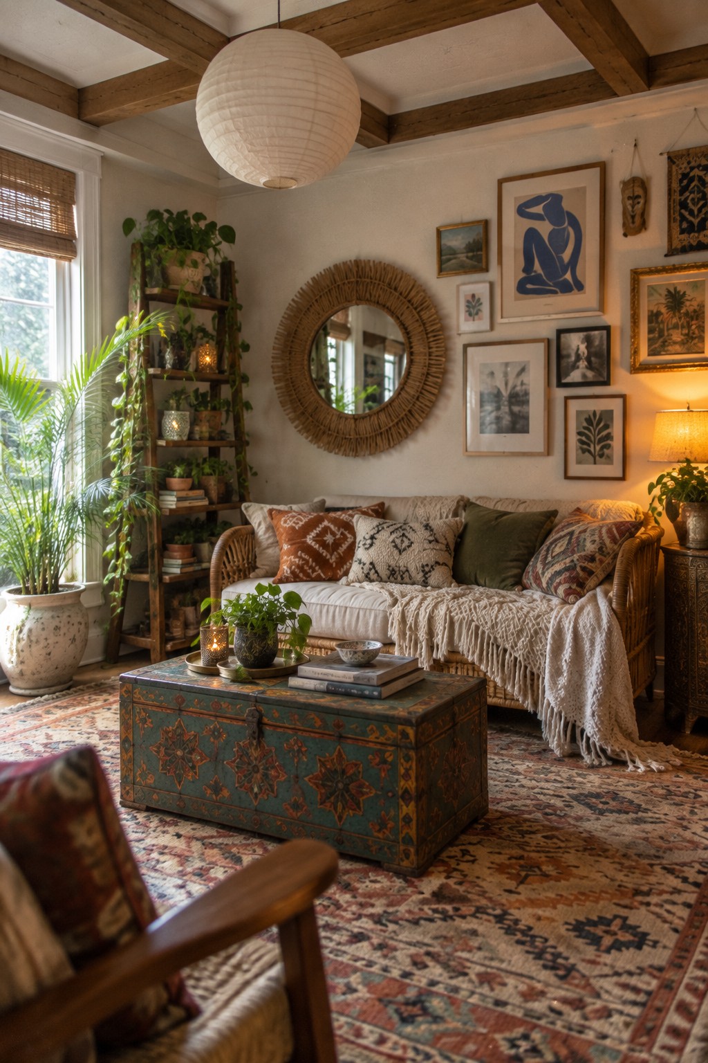 A living room interior with exposed dark wooden ceiling beams, a rattan sofa with patterned pillows, a large round woven mirror, and a white paper lantern hanging from the ceiling.