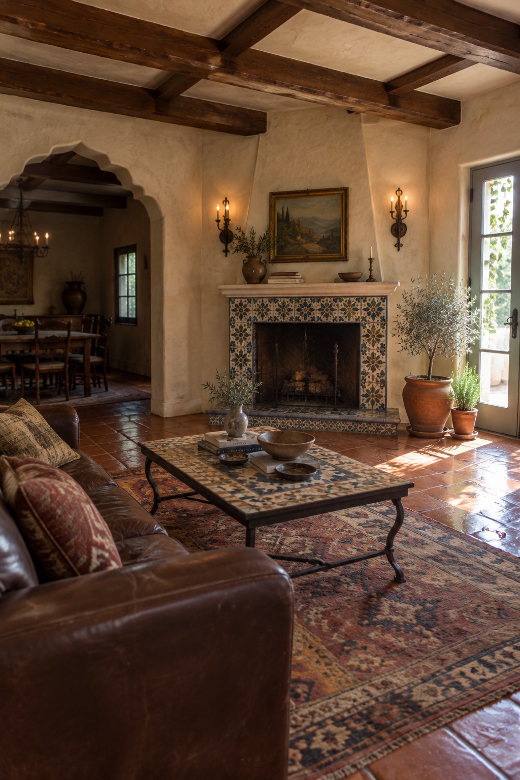 Rustic living room with leather sofa, mosaic coffee table, and tiled fireplace