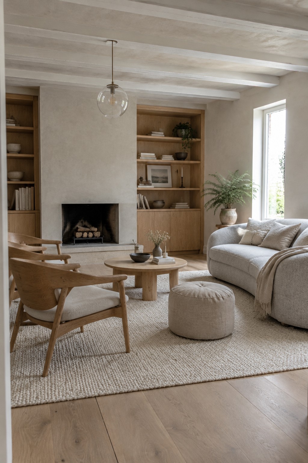 A living room with exposed wooden ceiling beams, a light plaster fireplace wall, built-in oak shelving, a gray curved sofa, two wooden armchairs, and a round coffee table on a woven rug.