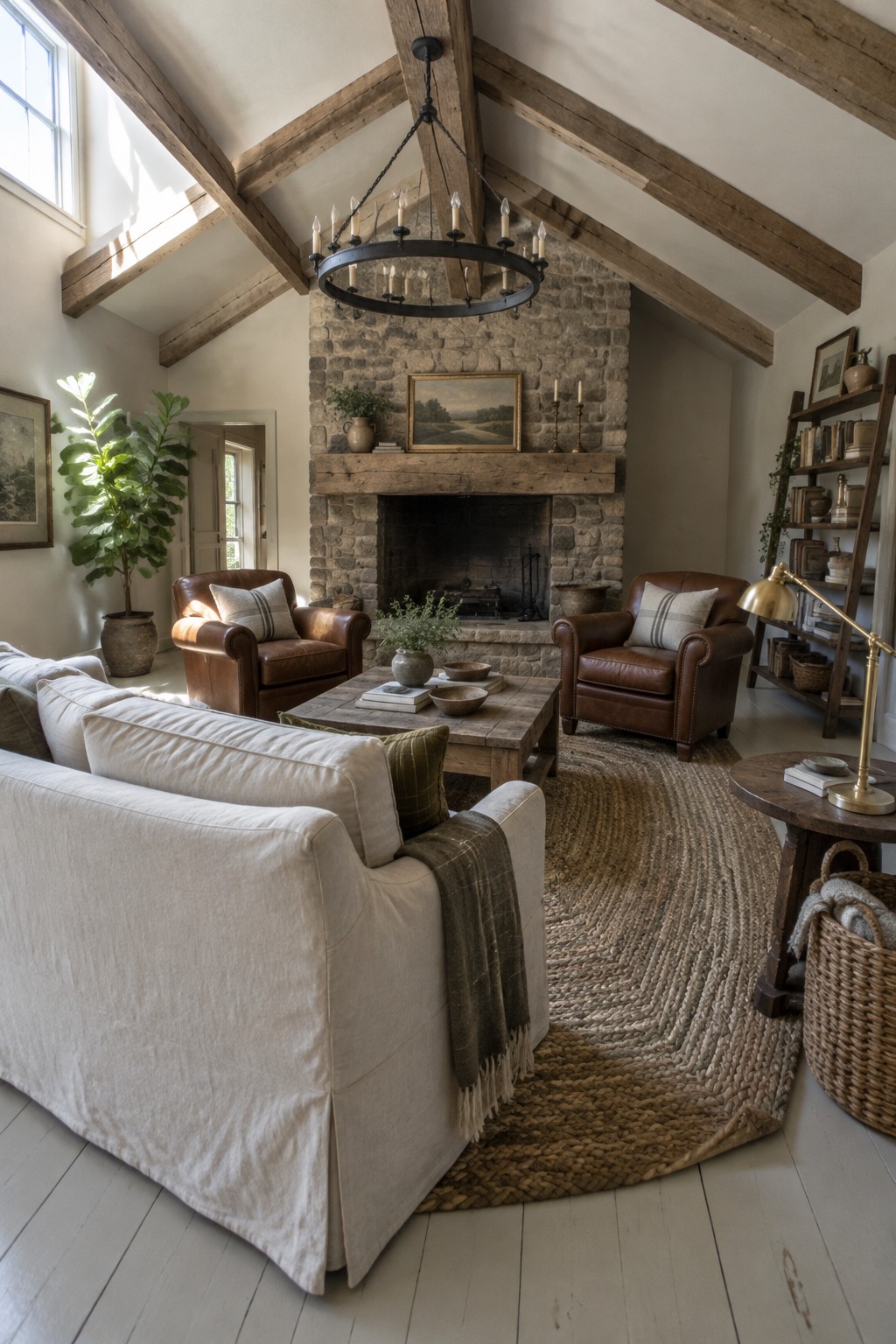 A living room with a vaulted ceiling of exposed wooden beams, a large stone fireplace, two brown leather armchairs, a white slipcovered sofa, and a round woven rug.