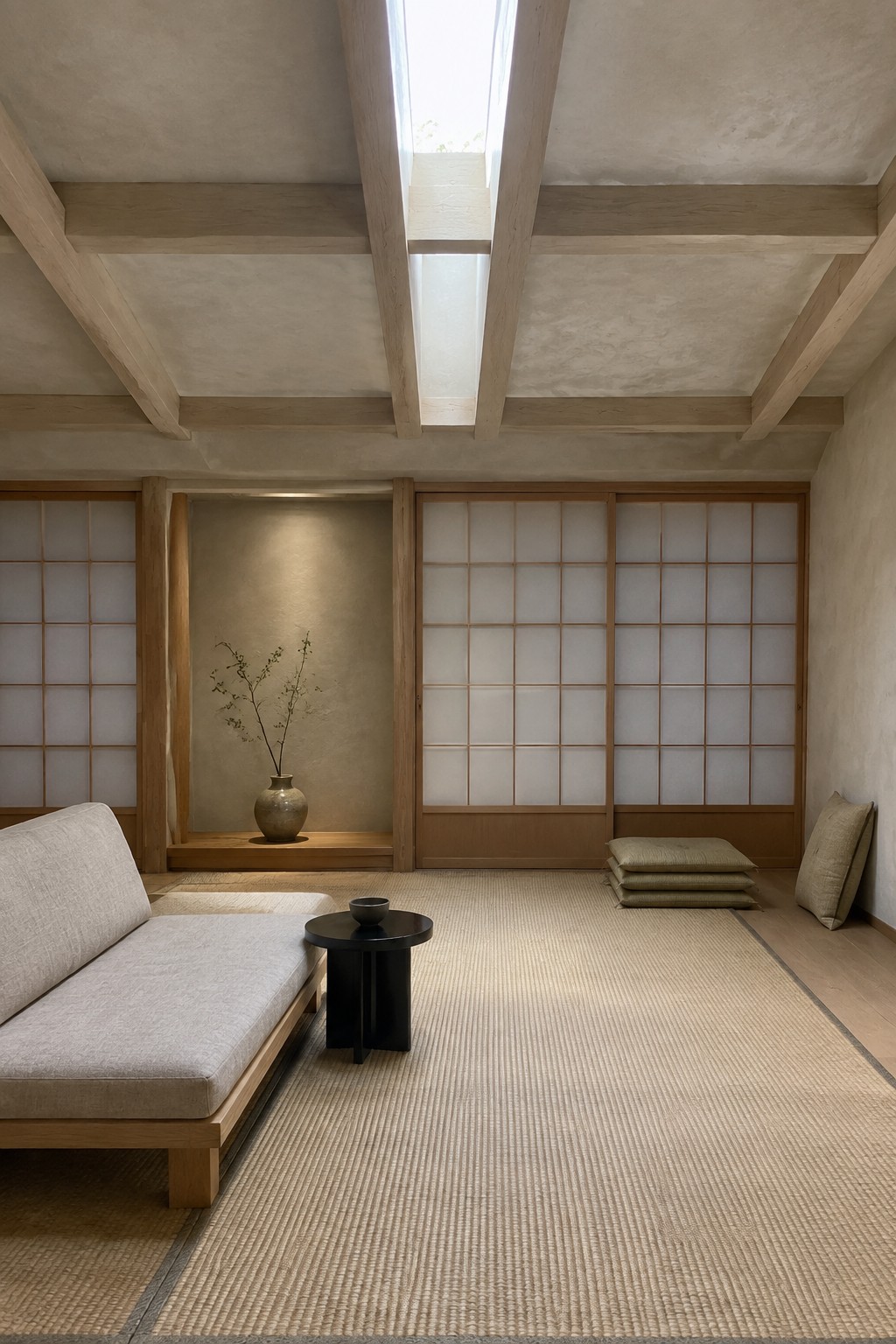Minimalist Japanese tatami room with shoji screens, wooden beams, skylight, and low sofa.