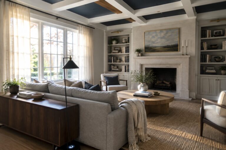 A living room with a dark blue coffered ceiling, exposed wooden beams, white trim, a fireplace, and light-colored seating.