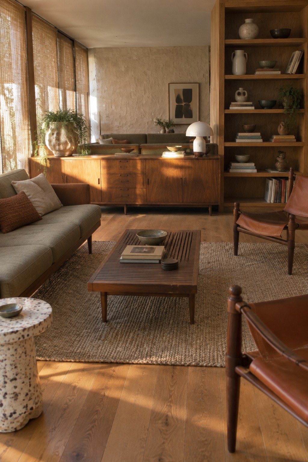 A mid-century modern living room featuring a long wooden credenza, slatted coffee table, gray sofa, and brown leather chairs arranged on a jute rug with woven window shades.