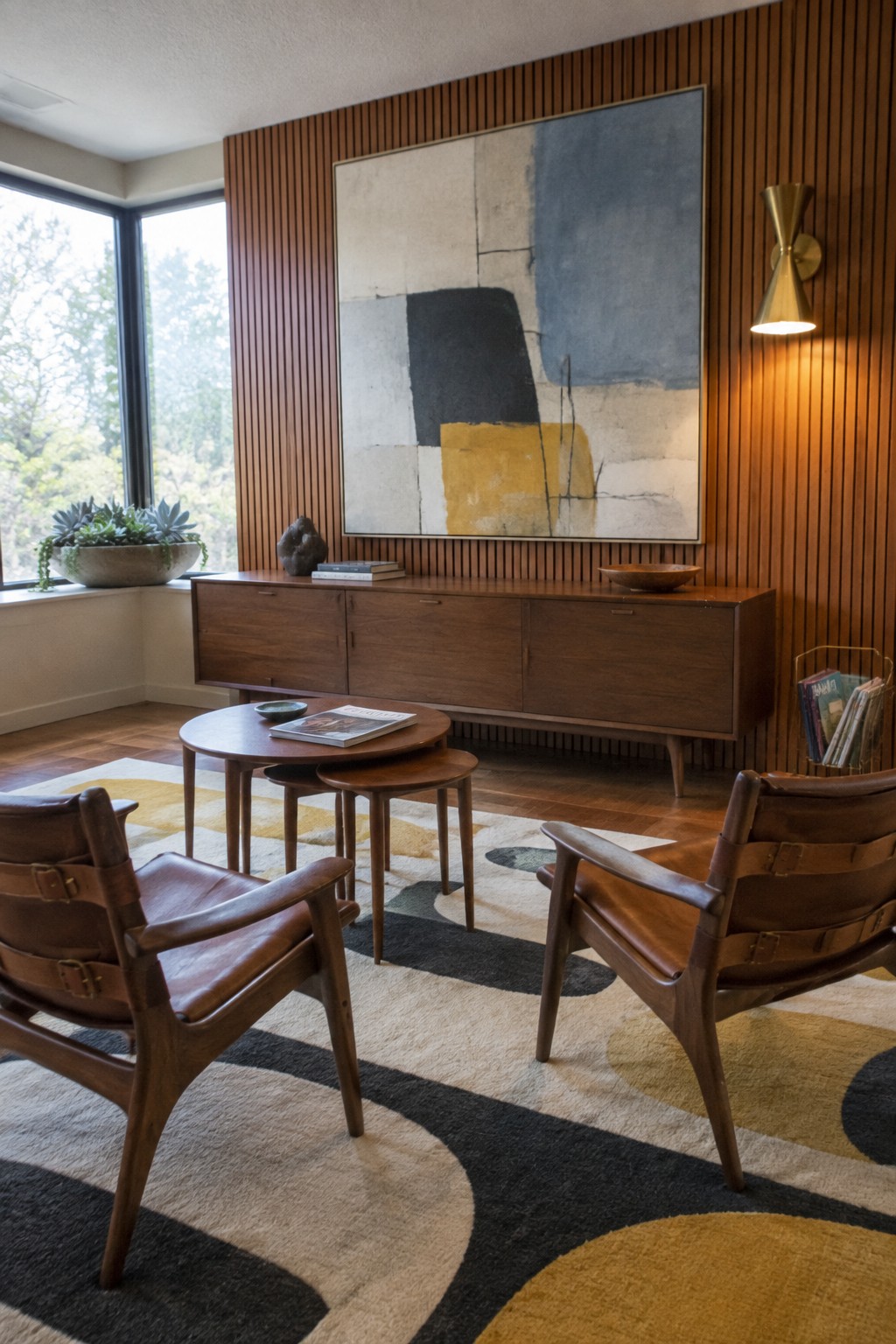 Mid-century room with leather armchairs, nested tables, abstract painting, and geometric rug.
