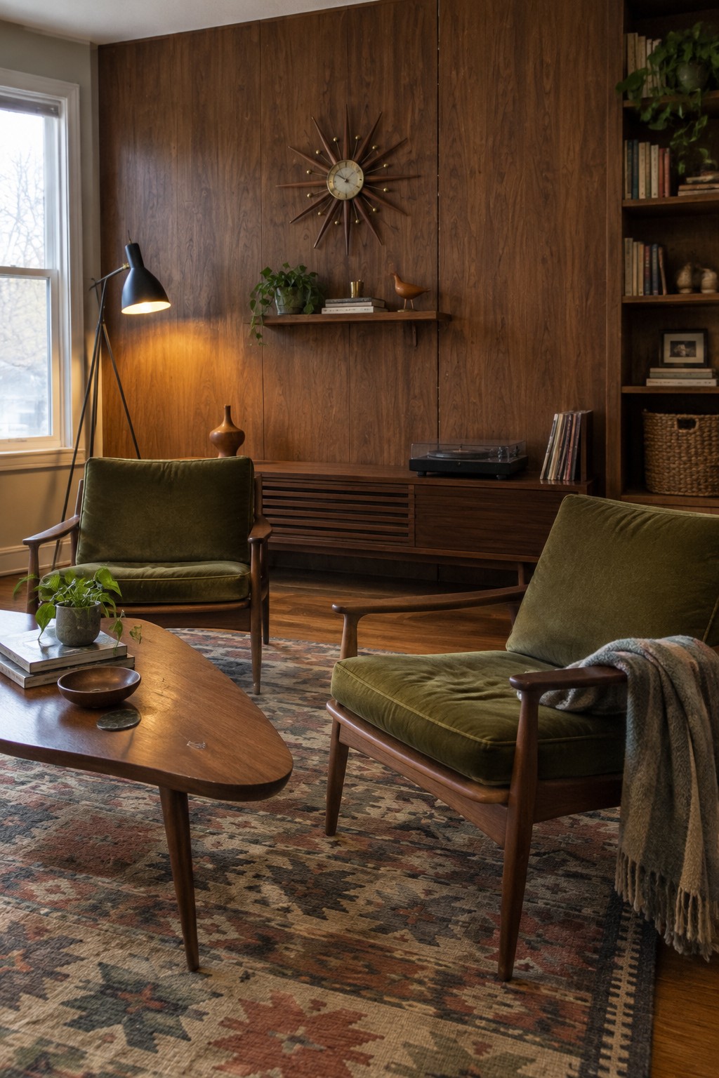 A mid-century modern living room featuring two green velvet armchairs with wooden frames, a wooden coffee table on a patterned rug, and built-in wood cabinetry along a paneled wall.