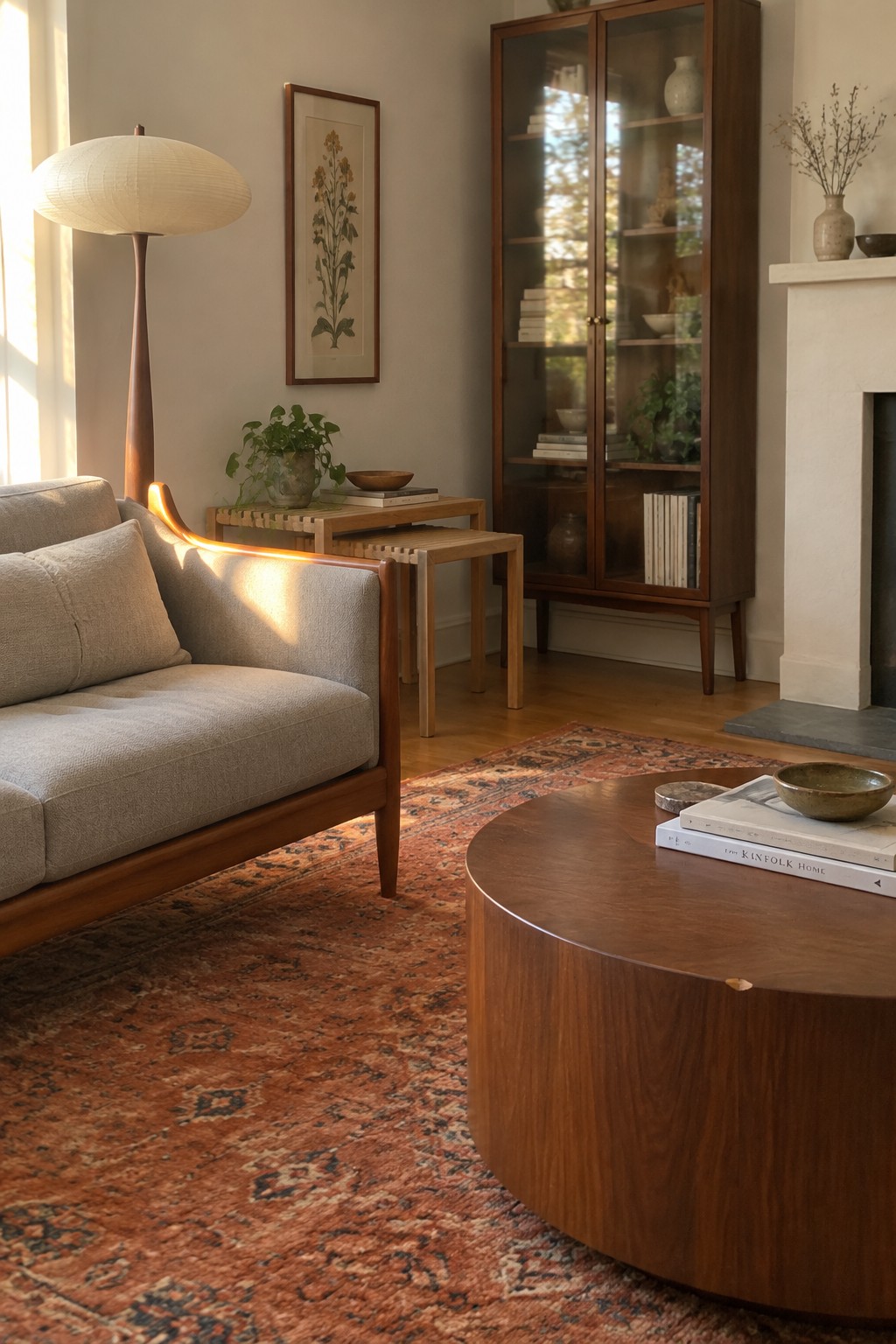 A mid-century modern living room with a light gray sofa, round wooden coffee table, wooden side tables, tall wooden cabinet, and large patterned orange rug on hardwood floors.
