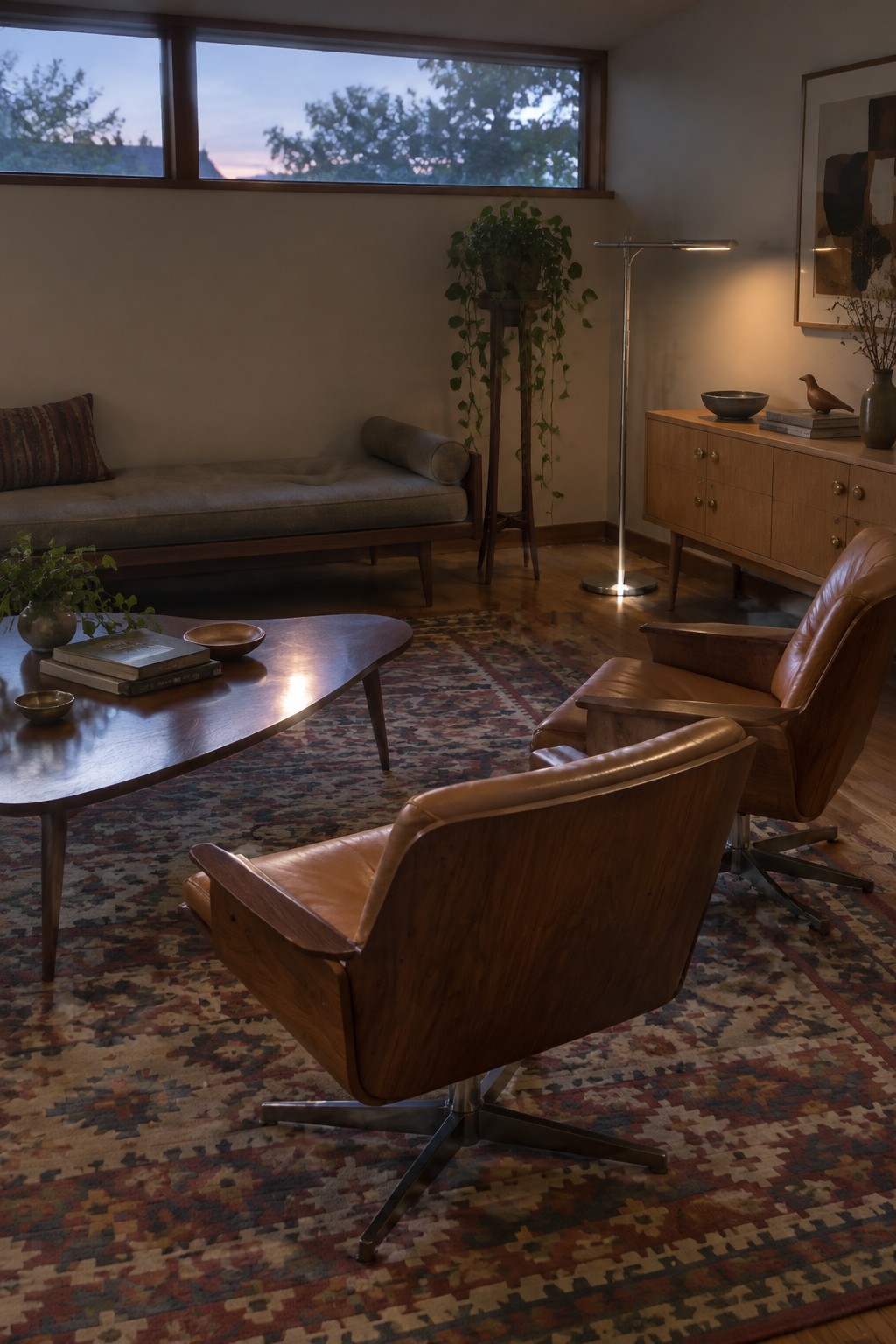 A mid-century modern living room with two brown leather swivel chairs on wood bases, a curved wooden coffee table, and a large patterned rug in front of a window.