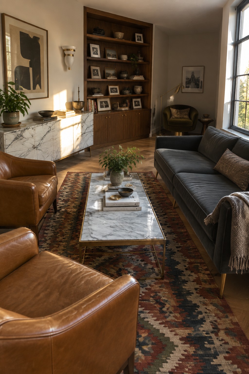 Sunlit living room with leather armchairs, navy sofa, marble table, and wooden shelves