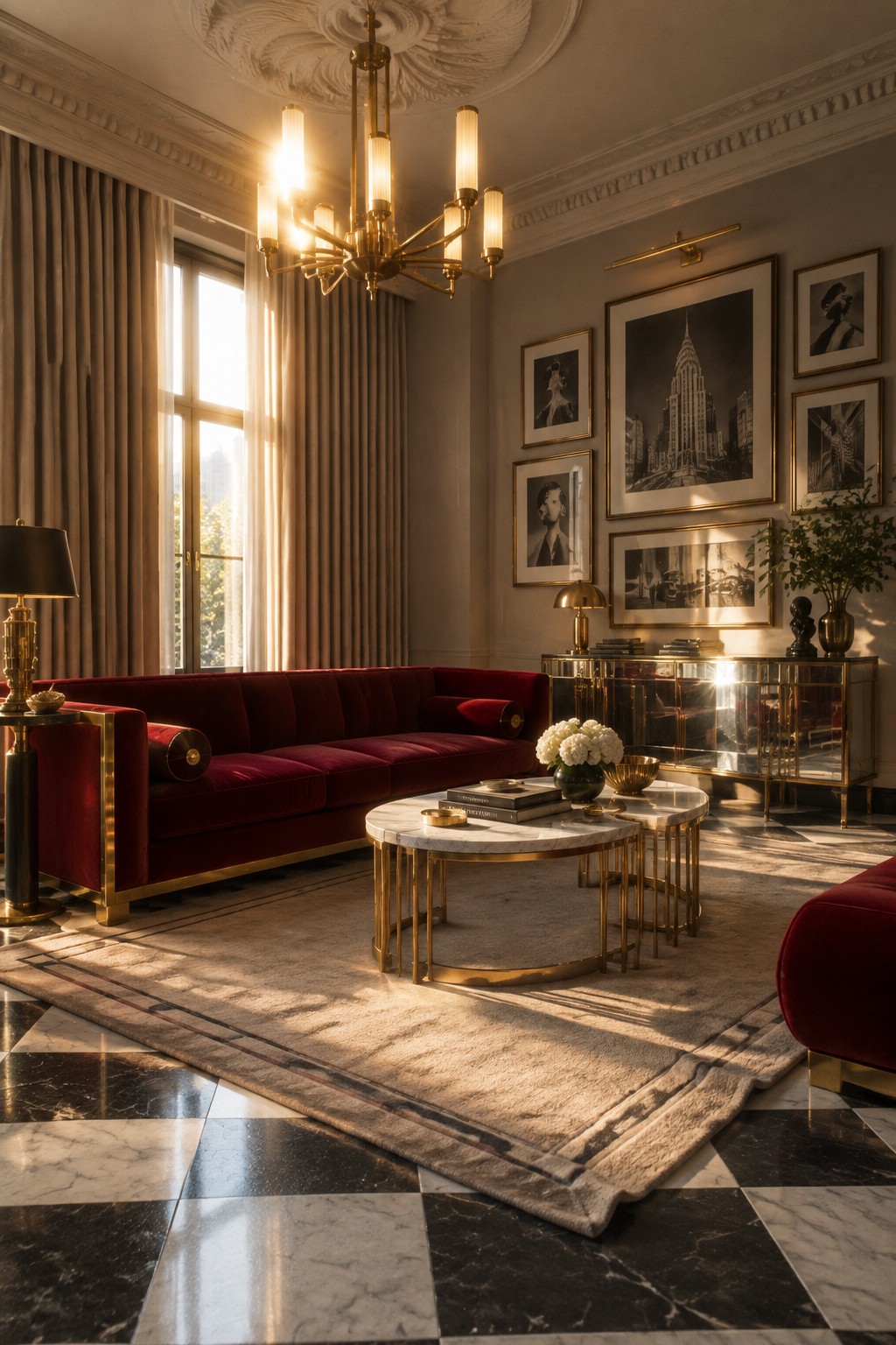Luxurious living room with red velvet sofa, marble tables, gold chandelier, and checkered floor
