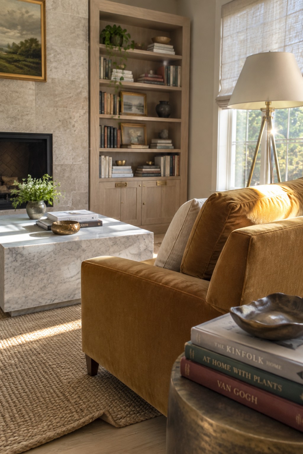 A living room with a brown velvet sofa, a white marble coffee table holding books and a bowl, a built-in light wood bookshelf, and a stone fireplace on the left.