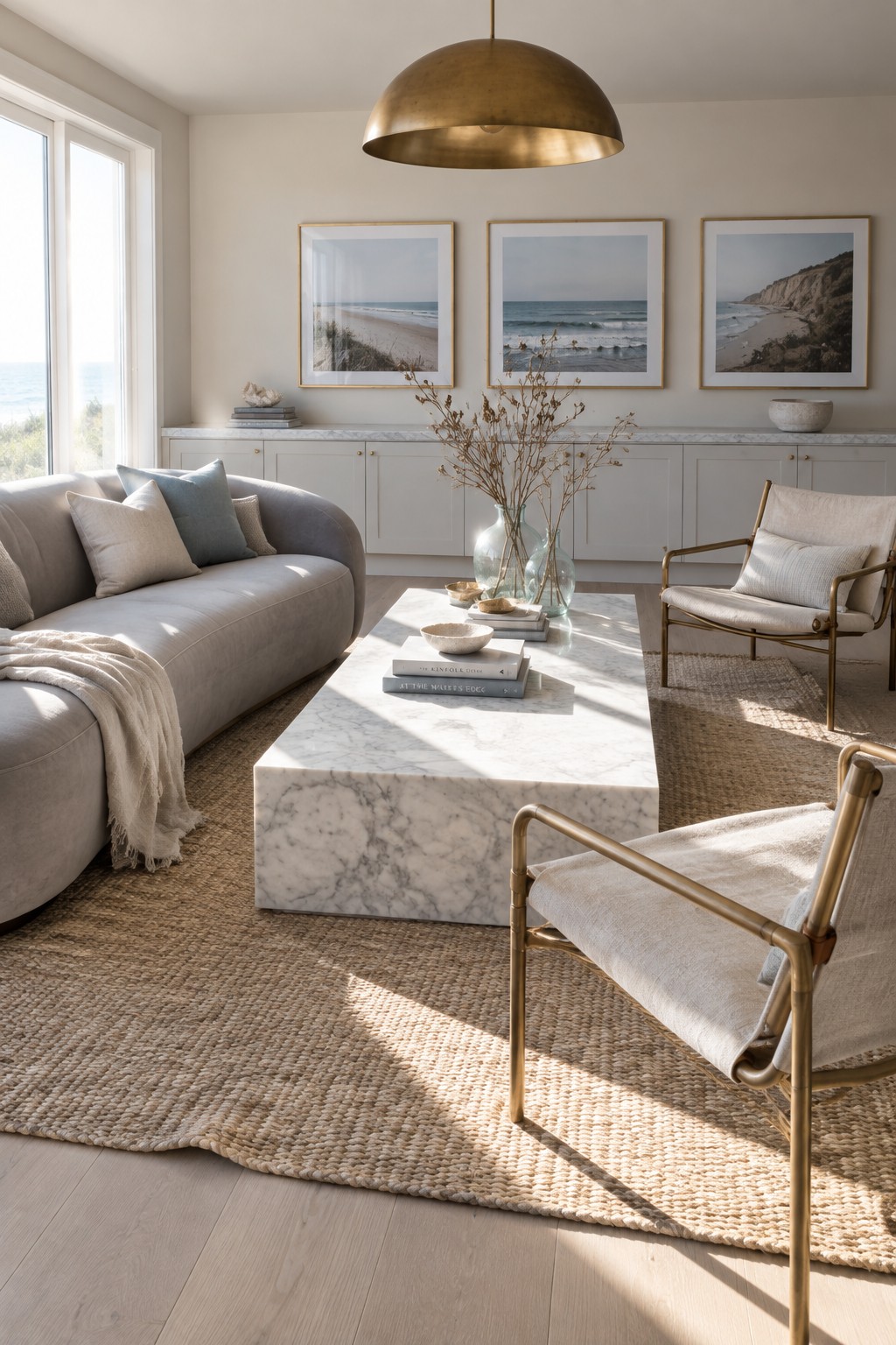 Living room with gray sofa, marble coffee table, brass armchairs, and ocean art.