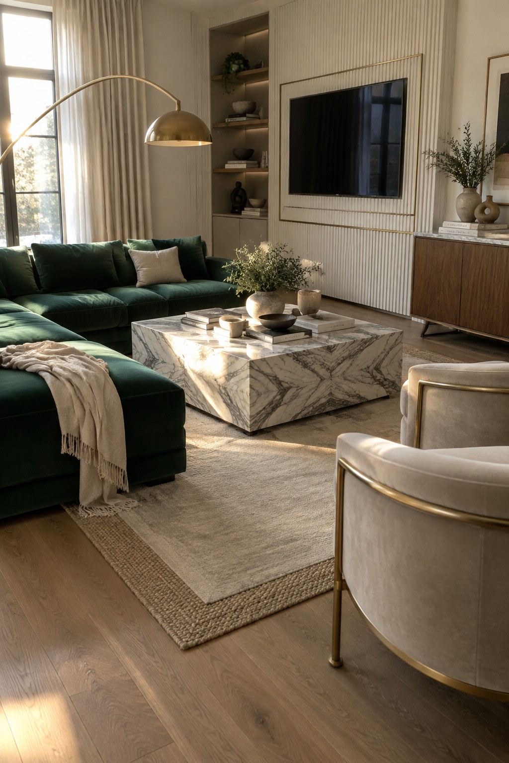 Modern living room with dark green velvet sofa, marble coffee table, and beige armchair