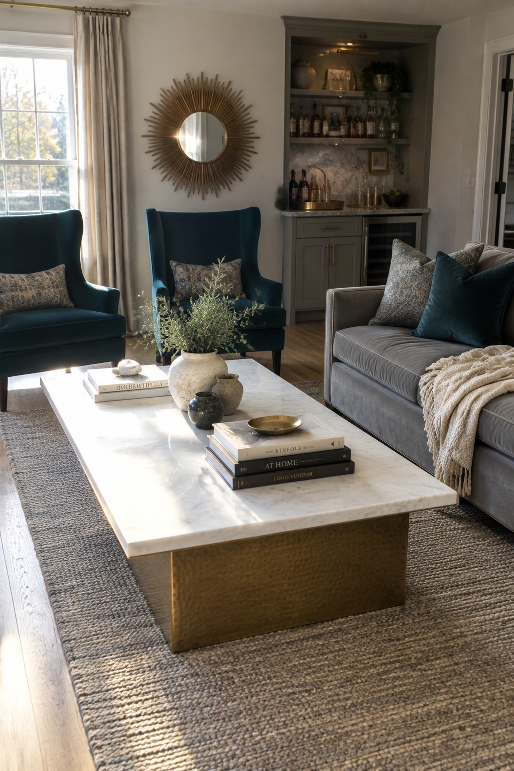 Modern living room with teal velvet chairs, gray sofa, marble coffee table, built-in bar.