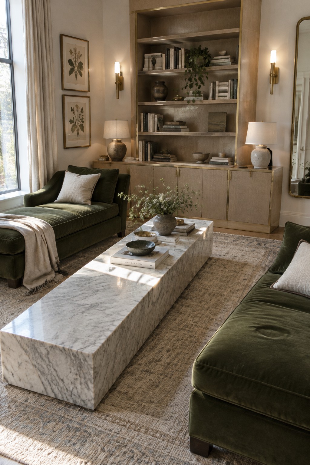 A living room with a large rectangular white marble coffee table centered on a beige rug, flanked by green velvet seating and a built-in wood bookshelf with brass trim.