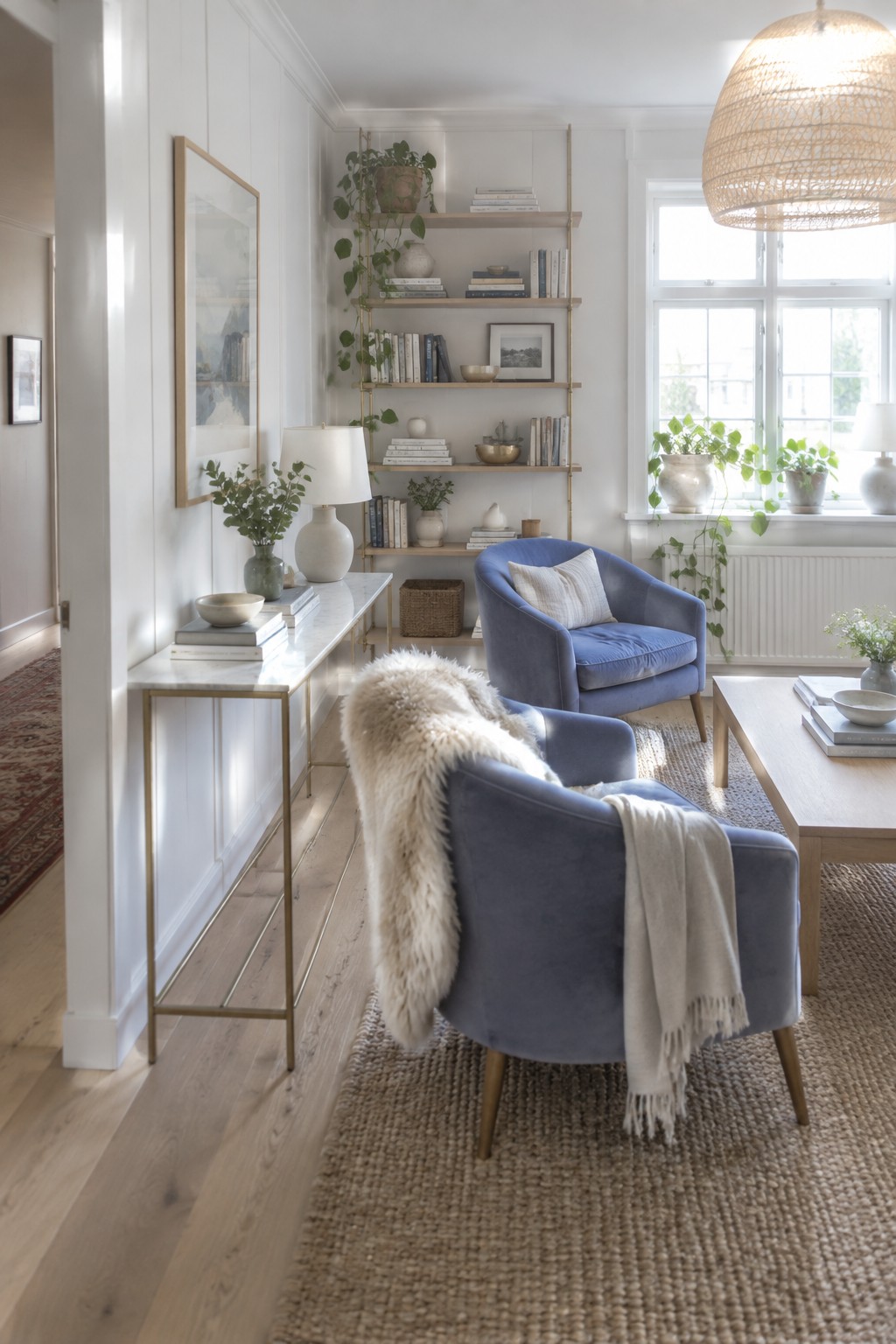 Cozy living room with blue velvet armchairs, marble console, and built-in bookshelves