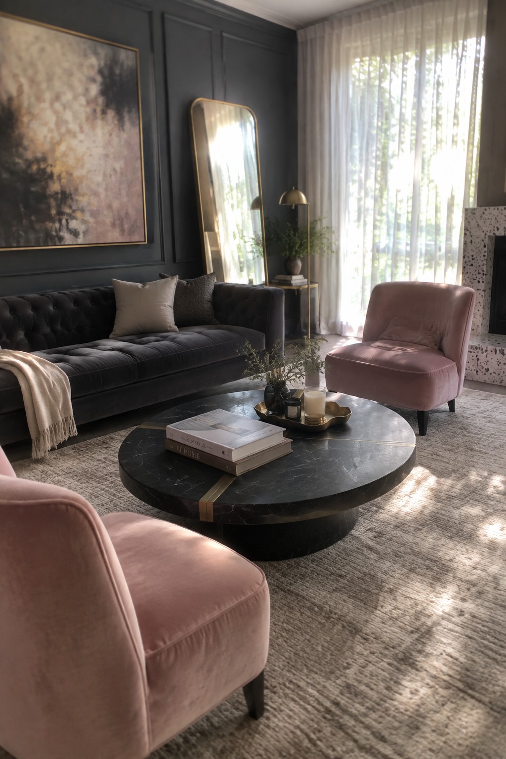 Elegant living room with black tufted sofa, pink velvet chairs, and marble table