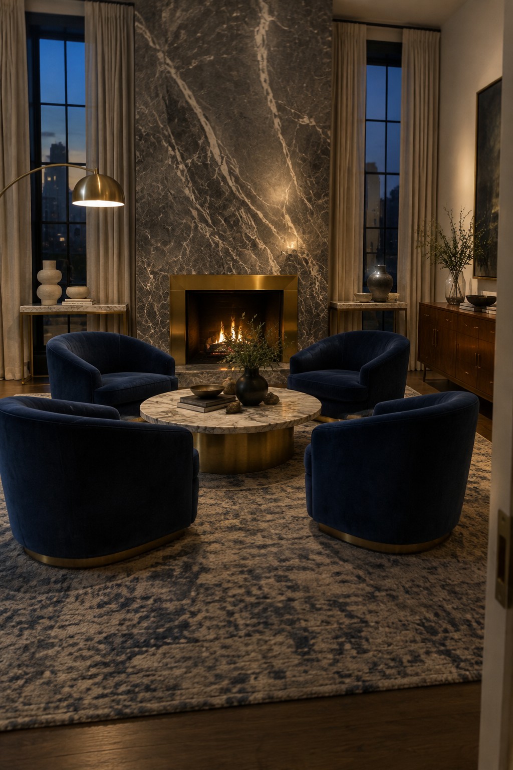 Four navy velvet armchairs arranged around a round marble coffee table in front of a marble fireplace with brass frame.