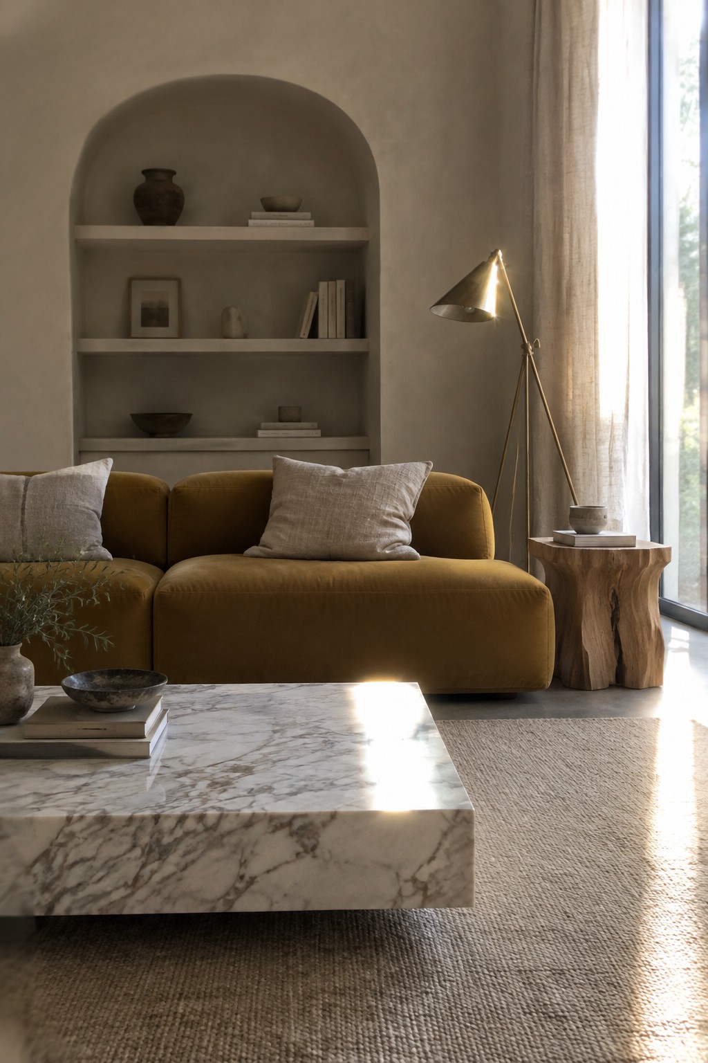 Minimalist living room with mustard sofa, marble coffee table, arched shelves, and brass lamp.