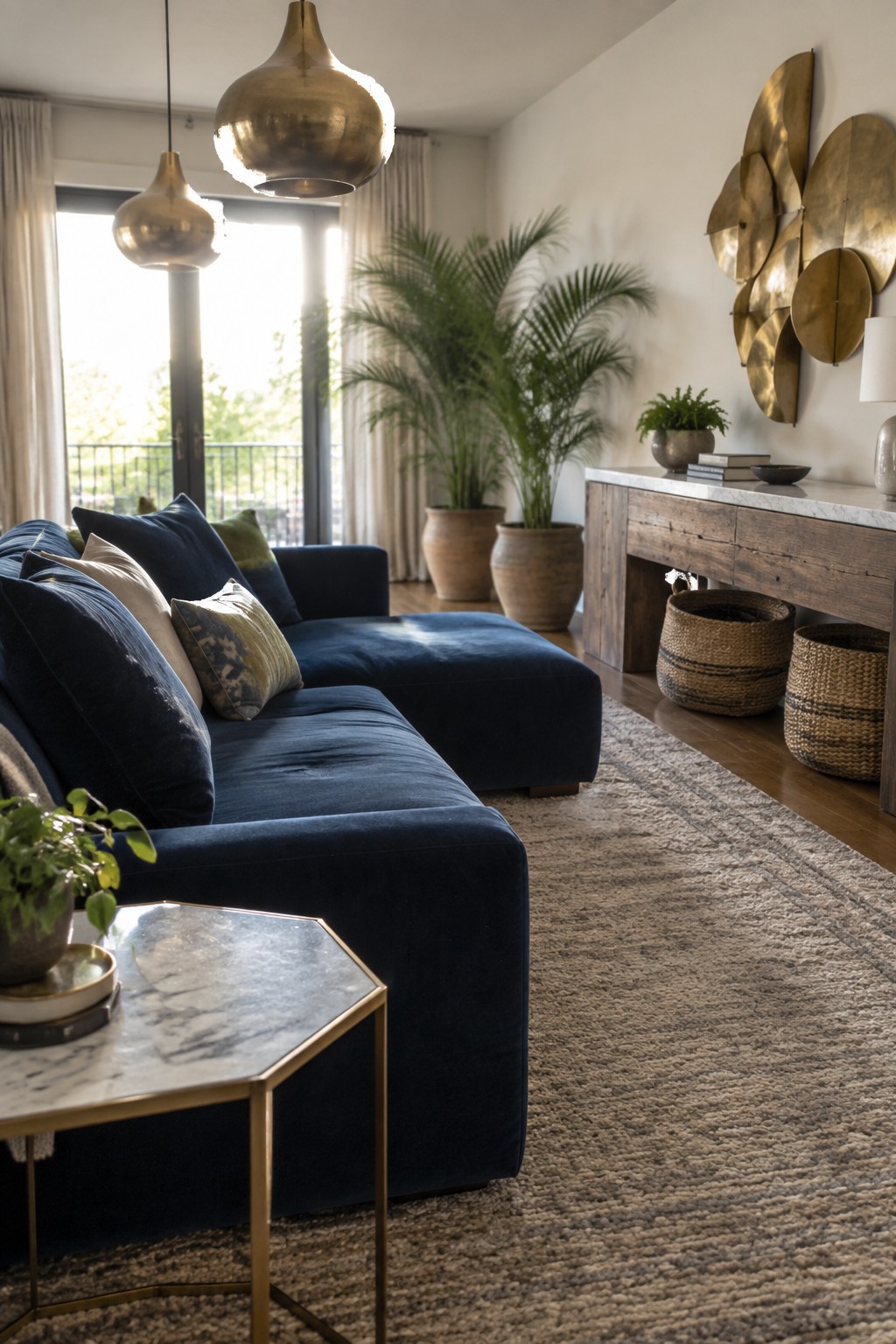 A living room featuring a large navy blue velvet sectional sofa, a marble-topped coffee table with brass legs, brass pendant lights, potted plants, and a wooden console table against the wall.