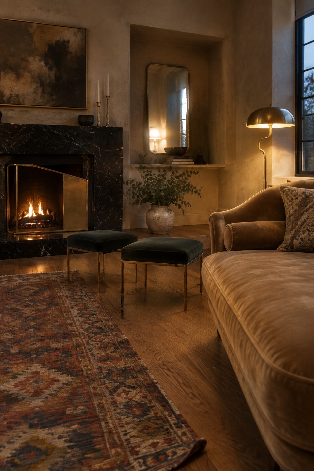 A living room with a black marble fireplace containing a lit fire, two dark green velvet ottomans with brass frames, a brown velvet sofa, a patterned rug, and a brass floor lamp.