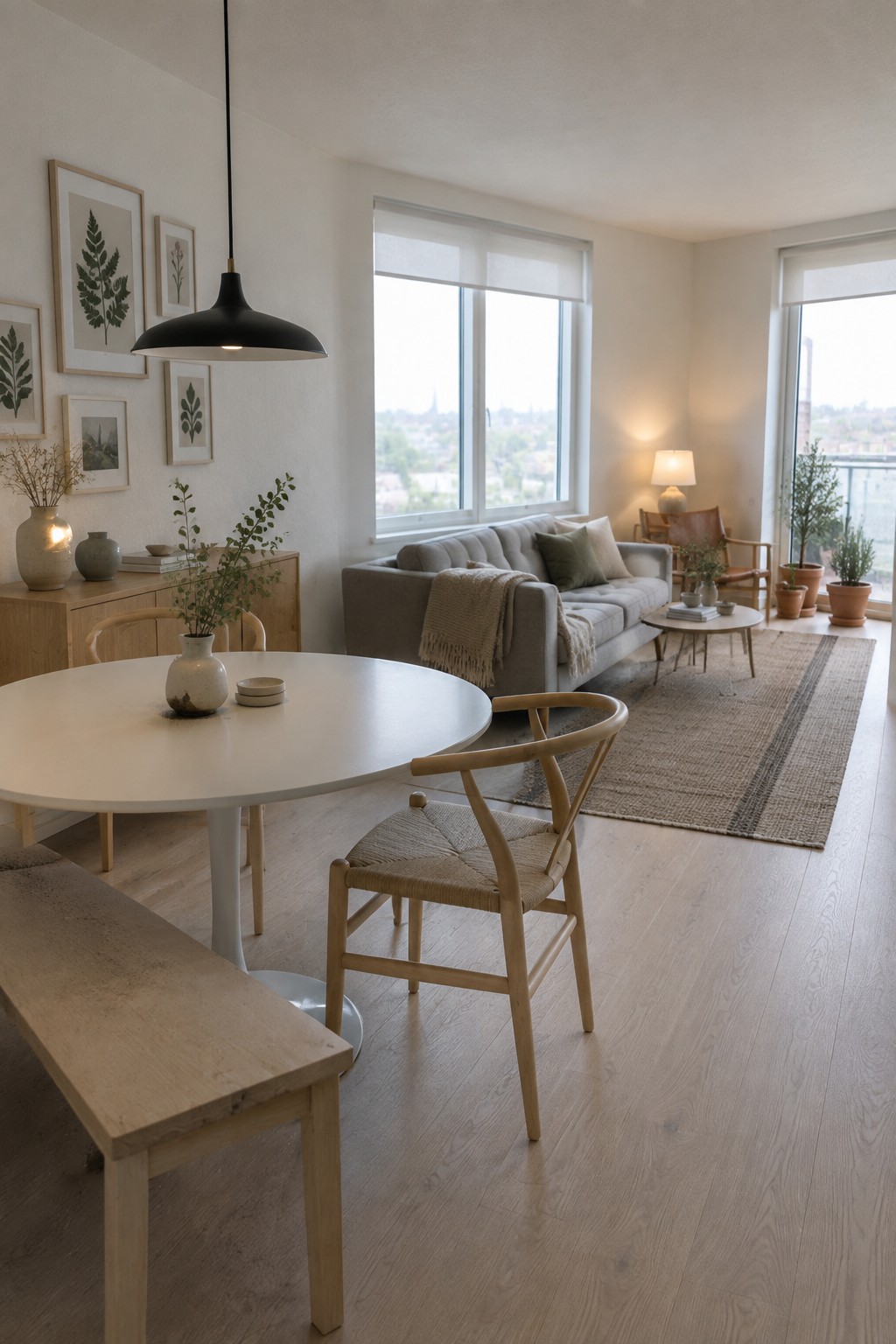 An open concept living room showing a round dining table with wooden chairs in the foreground and a gray sofa with a large woven rug defining the seating area in the background near large windows.