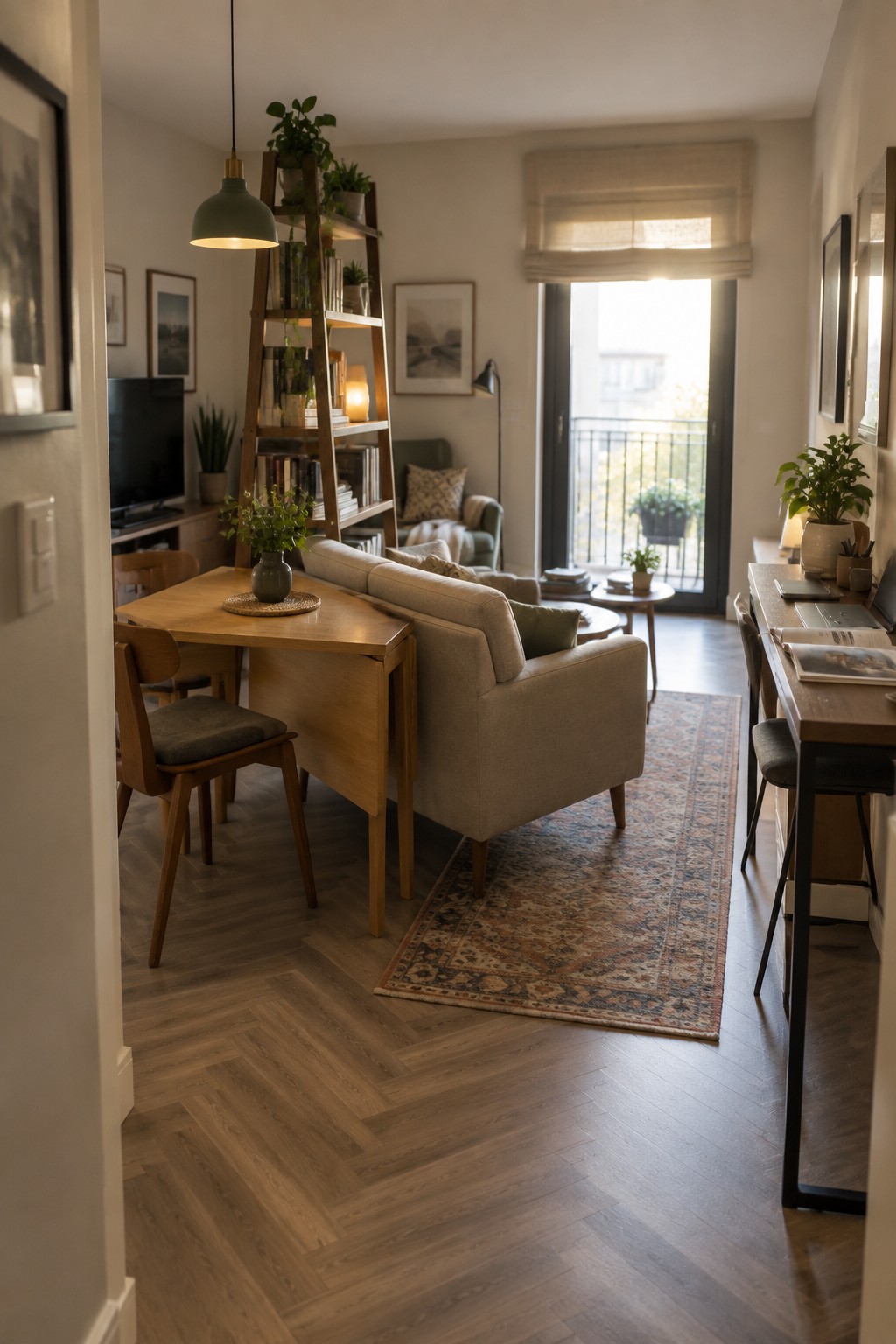 Cozy living room with beige sofa, wooden dining table, bookshelf, and patterned rug