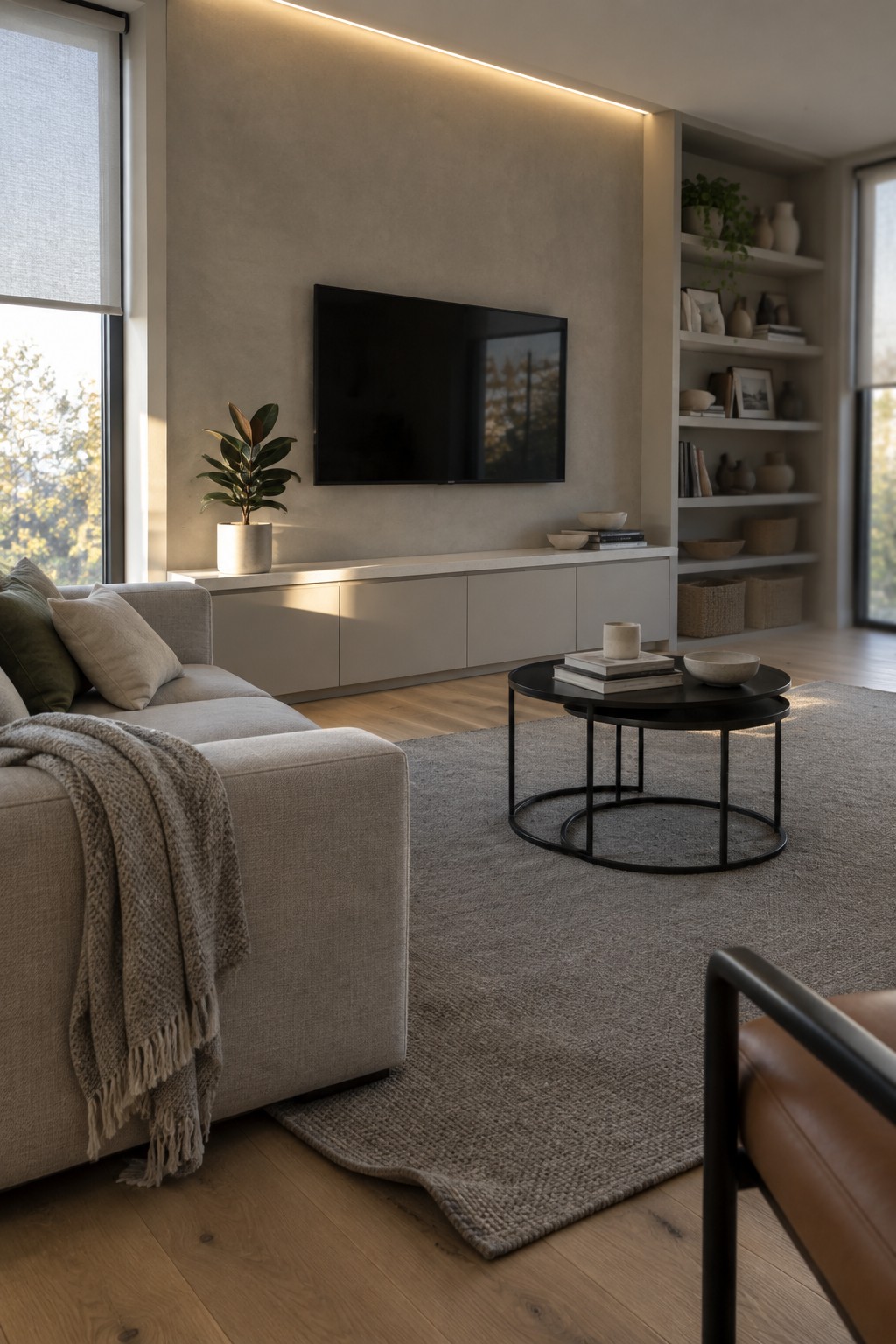 A modern living room with a light beige sectional sofa, a large textured gray area rug on wood flooring, two round black coffee tables, a wall-mounted television, and built-in shelving along one wall.