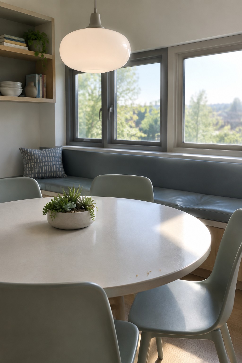 Modern dining nook with round table, pendant light, built-in bench, and window view.