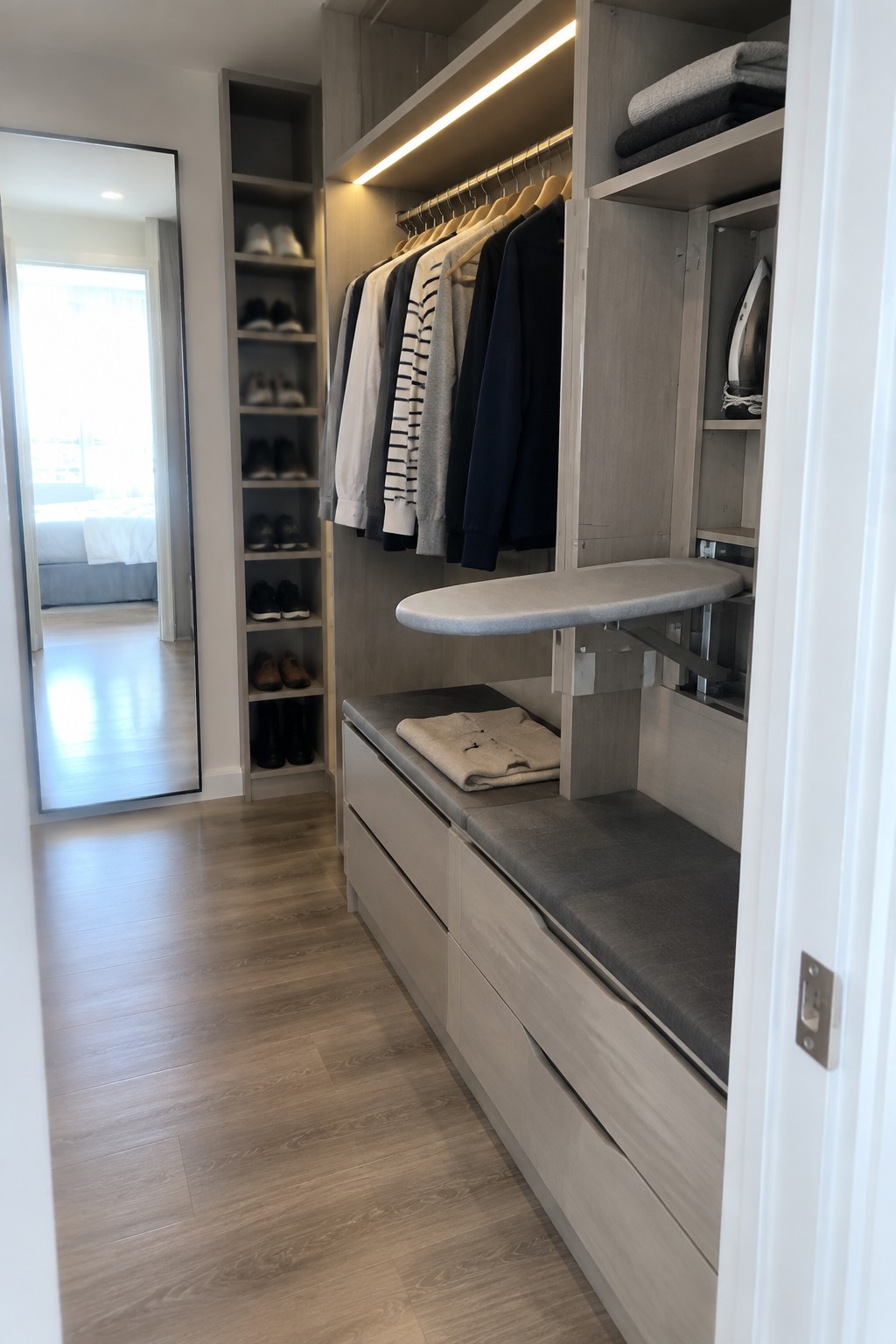A modern walk-in closet with light wood cabinetry, hanging clothes on rods, open shoe shelves, a cushioned bench, and a fold-out ironing board.