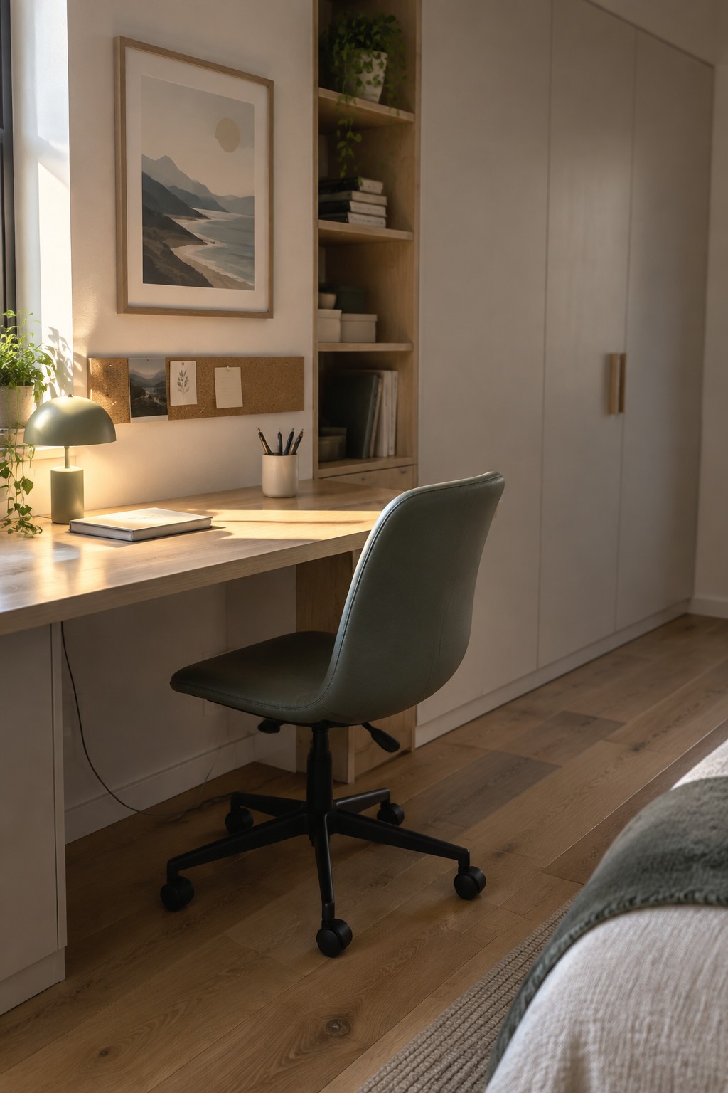 A light wood built-in desk with integrated shelving and cabinets, a green upholstered office chair, and a framed print on the wall above a corkboard.