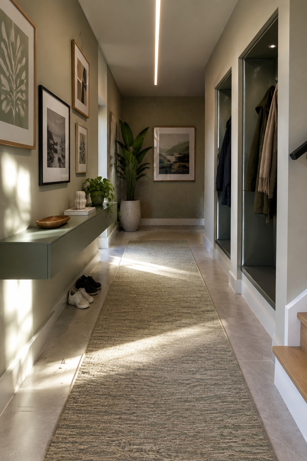 Sunlit narrow hallway with beige runner rug, green console, gallery wall, and coat closets