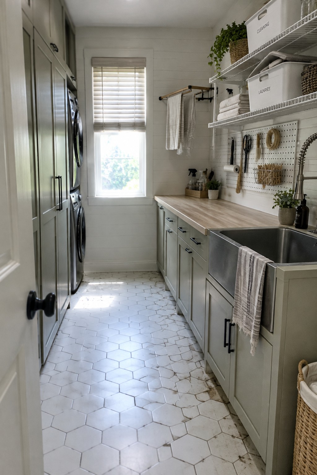 Sage green laundry room with stainless appliances, farmhouse sink, pegboard and hex tile floor.