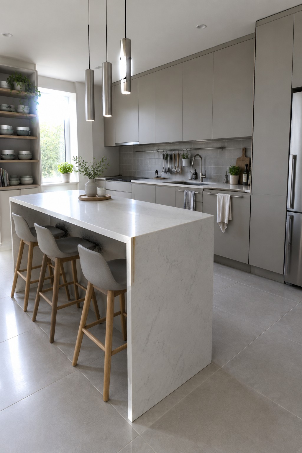 Modern kitchen with marble island, four gray bar stools, pendant lights, and gray cabinets