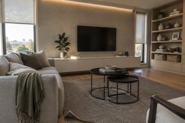 22 Practical Modern Interior Design Ideas for Low-Maintenance Materials A modern living room with a light beige sectional sofa, a large textured gray area rug on wood flooring, two round black coffee tables, a wall-mounted television, and built-in shelving along one wall.