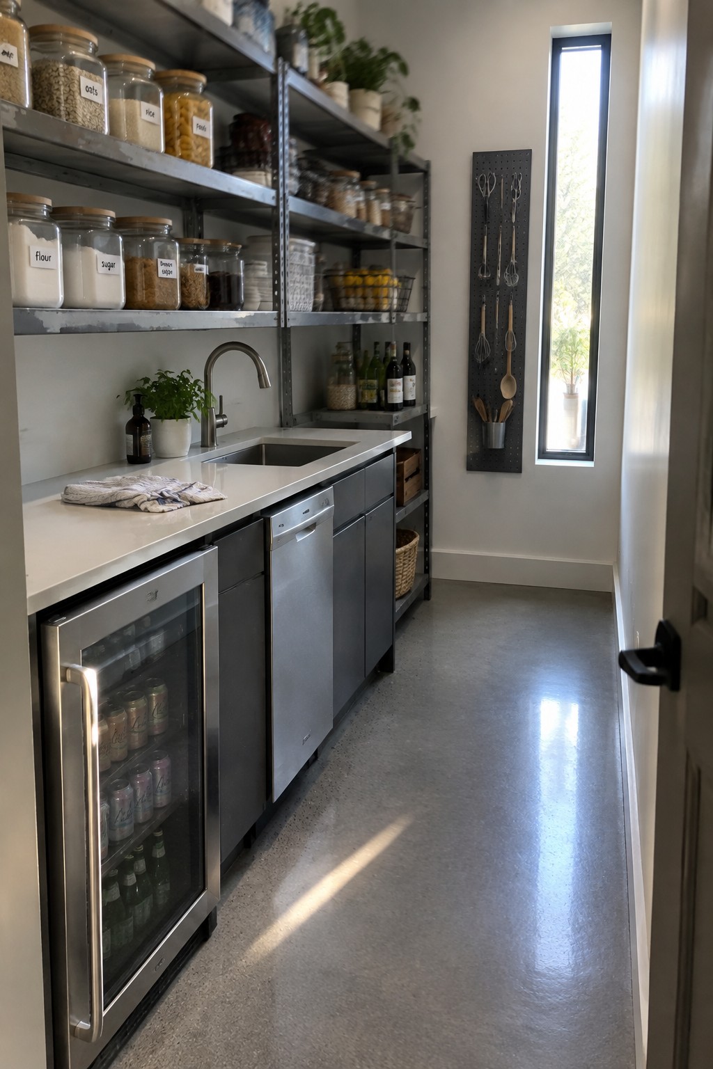 A modern kitchen pantry featuring stainless steel open shelving stocked with labeled glass jars, a stainless steel sink and dishwasher, a beverage cooler, and a concrete floor.