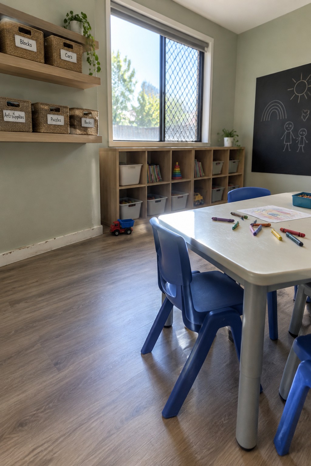 A children's playroom featuring a small table with blue chairs, open wooden cubby shelves holding labeled baskets, a chalkboard on the wall, and scattered crayons on the table.