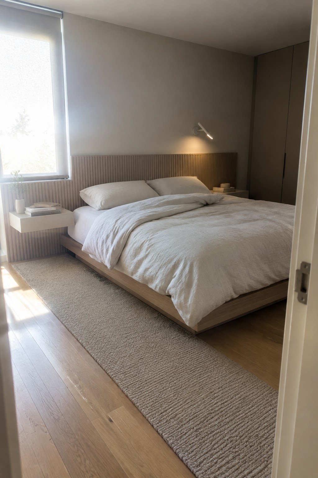 A modern bedroom with a low light-wood platform bed covered in rumpled white linens, positioned against a vertically ribbed wall with floating white nightstands and a wall sconce.