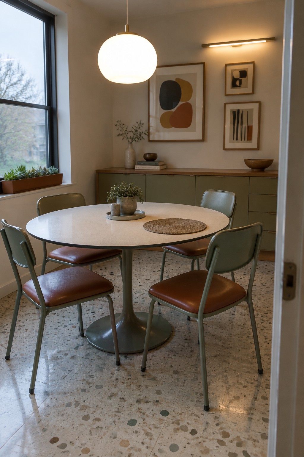 A round dining table with four green metal chairs on a terrazzo floor, set in front of sage green cabinetry and a large pendant light.