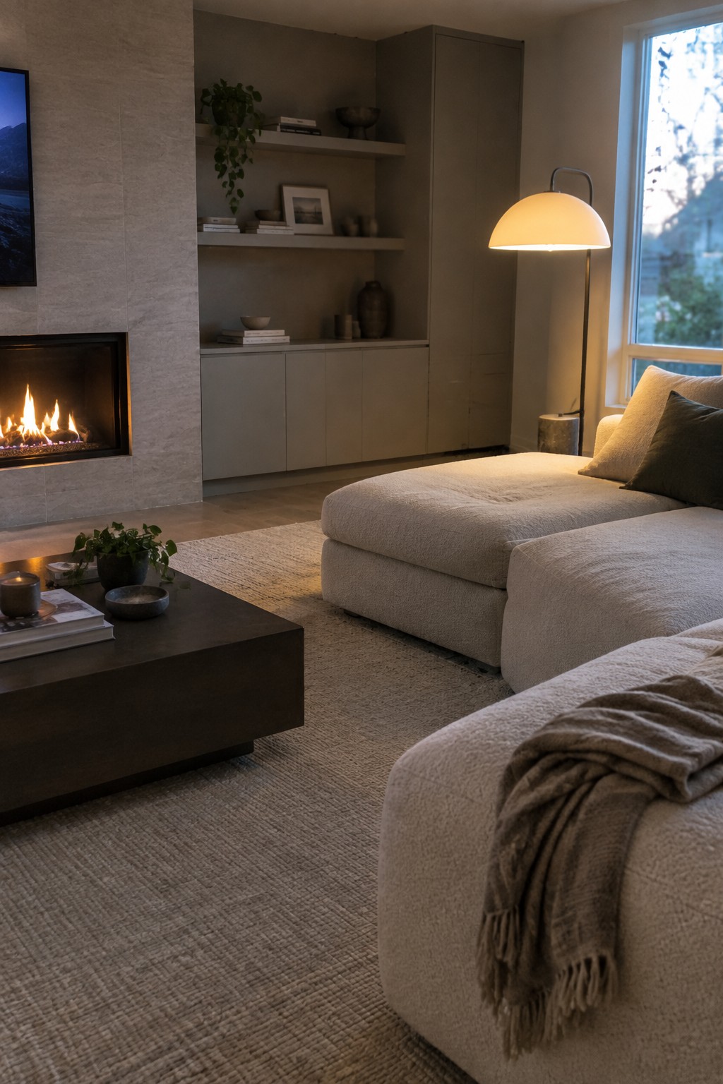A modern living room with a large beige sectional sofa in textured fabric, a dark coffee table on a woven rug, and a stone fireplace with built-in shelves.