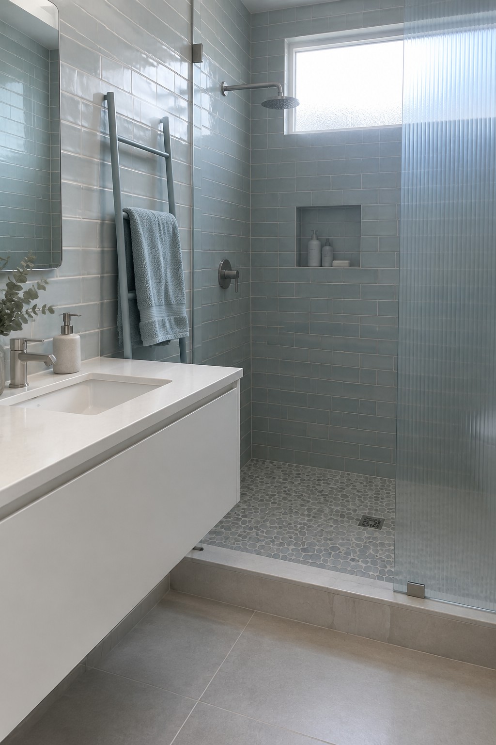 Modern bathroom with light blue subway tiles, white floating vanity, and pebble shower floor