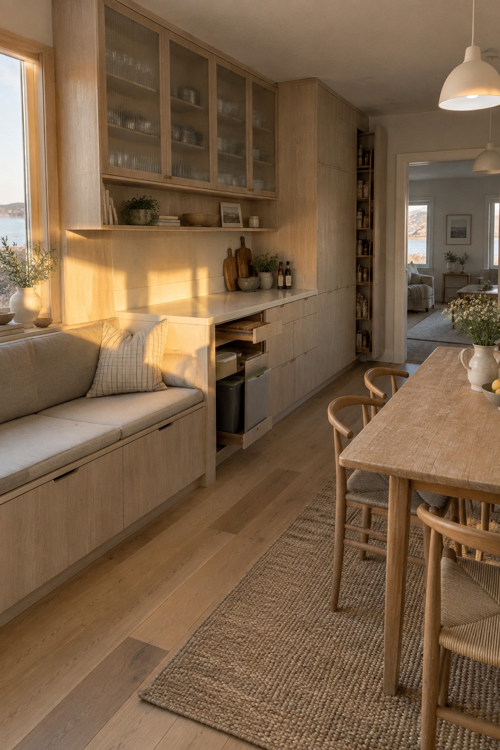 A light wood kitchen with a built-in bench under a window, open cabinetry, and a wooden dining table on a woven rug.
