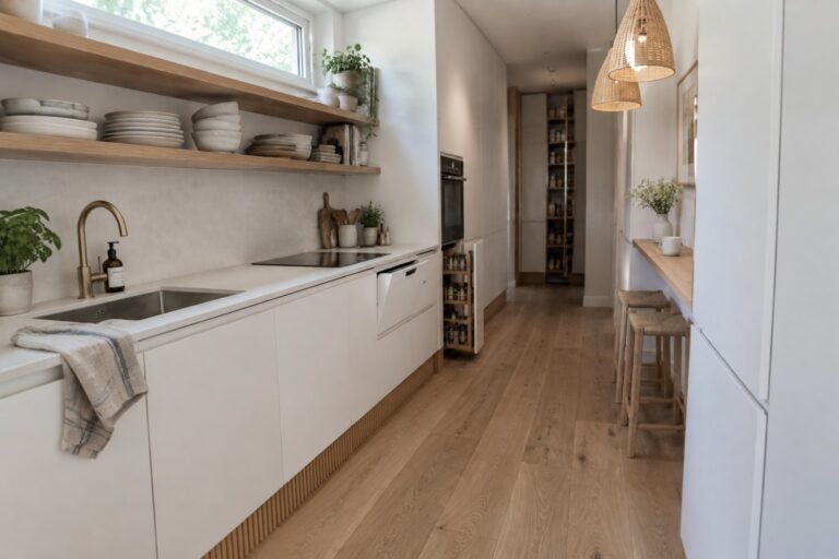 Modern white kitchen with open shelves, wooden floors, pantry storage, and woven pendants.