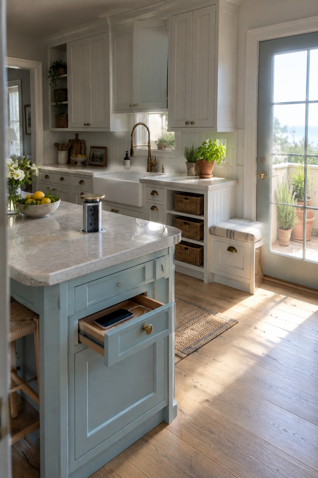 Light blue island with charging drawer in bright coastal kitchen overlooking ocean