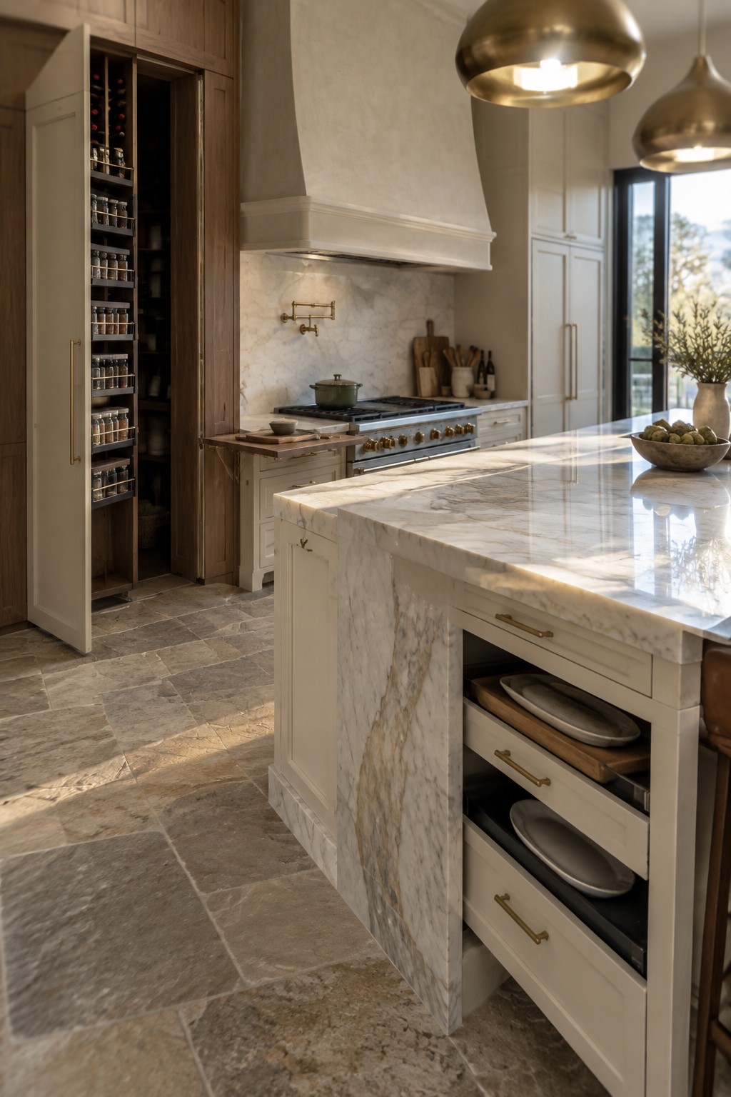 A modern kitchen interior with a tall open cabinet revealing a pull-out spice rack filled with jars, next to a marble island with open drawers holding plates and cutting boards.