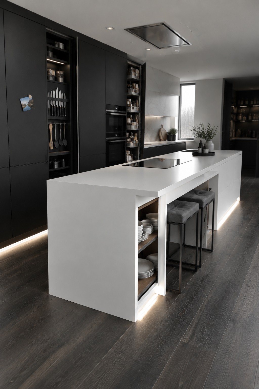 Modern kitchen with white island, black cabinets, gray stools, dark wood floors